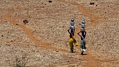 Deux Indiennes rentrent chez elles après avoir collecté de l'eau potable dans un puits à Mengal Pada, en Inde, en mai 2016. 