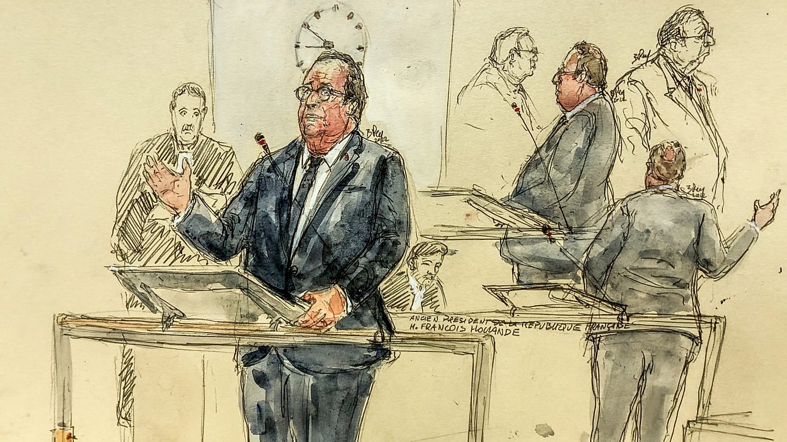 Dessin de presse : François Hollande, devant la cour d'assises spéciale de Paris, le 10 octobre 2022 