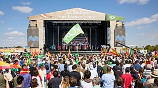 Spain's Vox party leader Santiago Abascal speaks to supporters during a rally in Madrid Spain, Sunday Oct. 9, 2022.