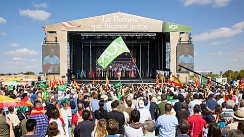 Spain's Vox party leader Santiago Abascal speaks to supporters during a rally in Madrid Spain, Sunday Oct. 9, 2022.