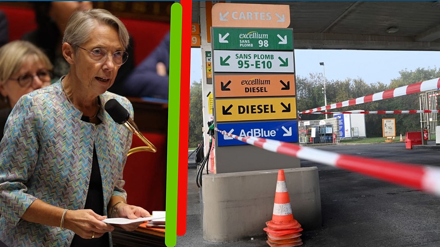 A g : la Première ministre E. Borne à l'Assemblée nationale (le 11/10/2022) - A dr. : station d'essence à sec à Douchy-les-Mines (le 11/10/2022)