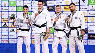 Le podium des -100kg aux Mondiaux de Tachkent, en Ouzbékistan, mardi 11 octobre 2022.