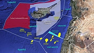 Χάρτης με τις ΑΟΖ της ευρύτερης περιοχής και την υπό διαμάχη περιοχή μεταξύ Λιβάνου και Ισραήλ