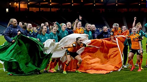 Ireland players celebrate after a FIFA Women's World Cup 2023 qualifying play-off match against Scotland at Hampden Park, Tuesday, Oct. 11, 2022, in Glasgow, Scotland.