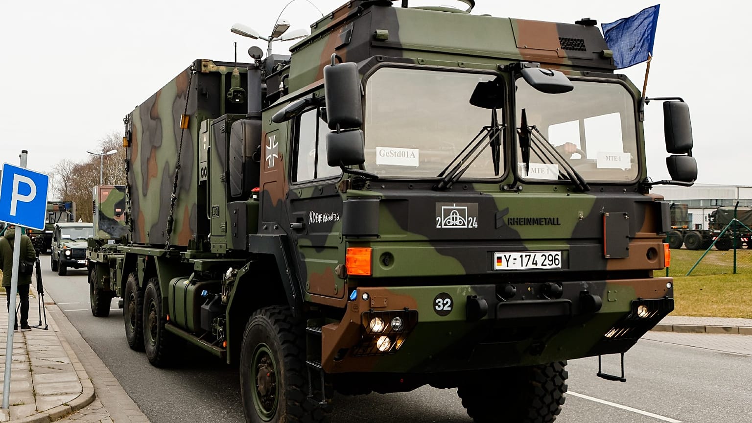 A convoy for the transport of the Patriot air defense missile system leaves the Bundeswehr site of Air Defense Missile Group 26 in Husum, northern Germany, March 16, 2022.