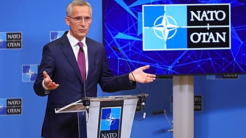 NATO Secretary General Jens Stoltenberg speaks during a media conference after a meeting of NATO defense ministers at NATO headquarters in Brussels, Oct. 13, 2022.
