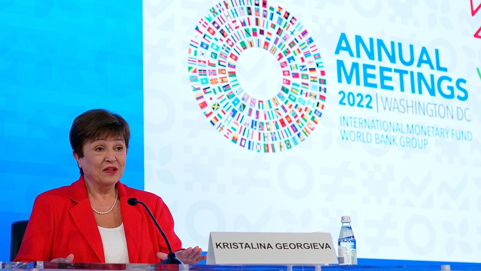 International Monetary Fund Managing Director Kristalina Georgieva speaks at a news conference annual meeting of the IMF and the World Bank Group, Washington, Oct. 13, 2022.