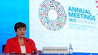 International Monetary Fund Managing Director Kristalina Georgieva speaks at a news conference annual meeting of the IMF and the World Bank Group, Washington, Oct. 13, 2022.