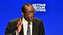 Kwasi Kwarteng speaks at the Conservative Party conference at the ICC in Birmingham, England, Monday, Oct. 3, 2022