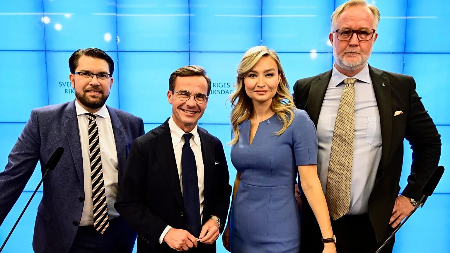 Leaders of Sweden Democrats, Moderates, Christian Democrats and Liberals at the Parliament in Stockholm, Sweden, Friday Oct. 14, 2022.