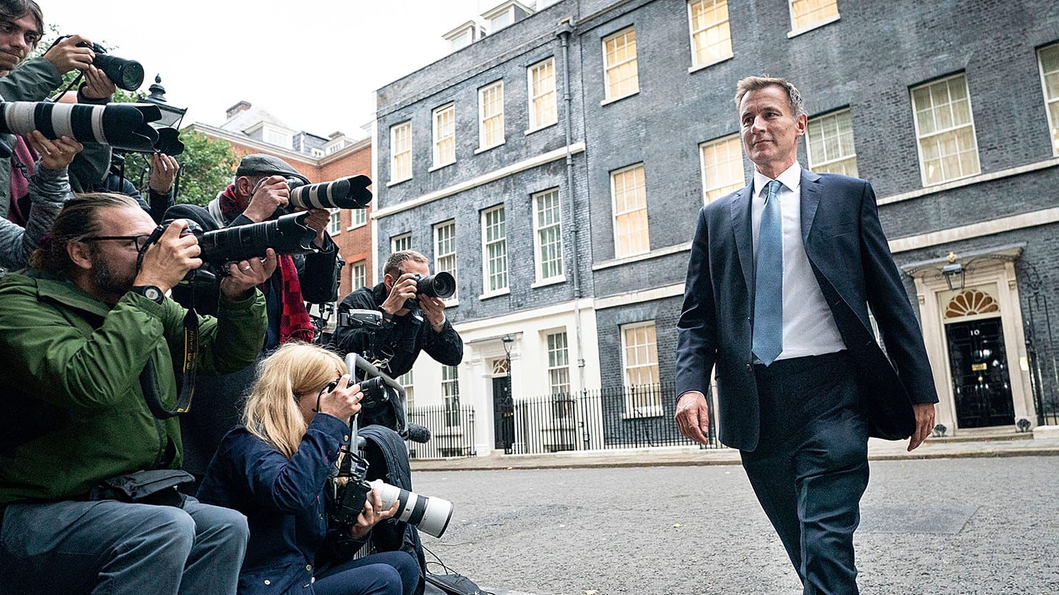 Jeremy Hunt leaves 10 Downing Street in London after he was appointed Chancellor of the Exchequer following the resignation of Kwasi Kwarteng, 14 October 2022