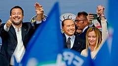 Lega's Matteo Salvini, Forza Italia's Silvio Berlusconi, and Brothers of Italy's Giorgia Meloni attend the final rally of the centre-right coalition in Rome, 22 September 2022