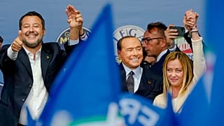 Lega's Matteo Salvini, Forza Italia's Silvio Berlusconi, and Brothers of Italy's Giorgia Meloni attend the final rally of the centre-right coalition in Rome, 22 September 2022
