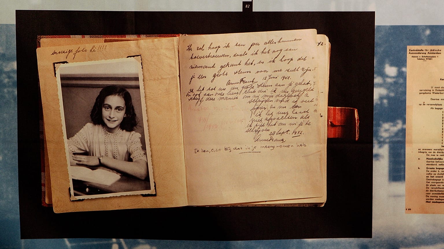 A photo of Anne Frank is displayed at the opening of the exhibition: "Anne Frank, a History for Today", at the Westerbork Remembrance Centre in Hooghalen, Netherlands, in 2009