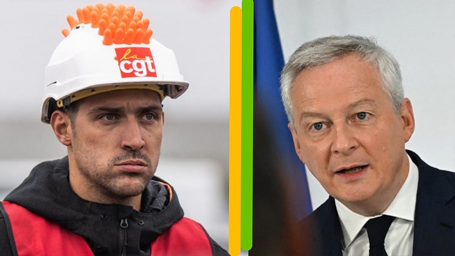 A g. : syndicaliste de la CGT sur le site de TotalEnergies à Donges, le 14/10/2022 //  A dr. : Bruno Le Maire, ministre français de l'Economie, Paris, le 11/10/2022