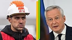 A g. : syndicaliste de la CGT sur le site de TotalEnergies à Donges, le 14/10/2022 //  A dr. : Bruno Le Maire, ministre français de l'Economie, Paris, le 11/10/2022