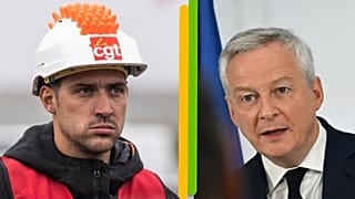 A g. : syndicaliste de la CGT sur le site de TotalEnergies à Donges, le 14/10/2022 // A dr. : Bruno Le Maire, ministre français de l'Economie, Paris, le 11/10/2022
