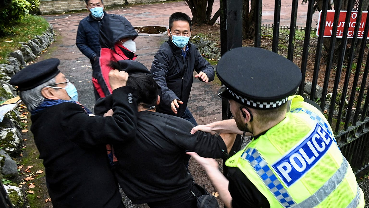 An incident involving a scuffle between a Hong Kong pro-democracy protester and Chinese consulate staff, as a British police officer attempts to intervene on 16 October 2022
