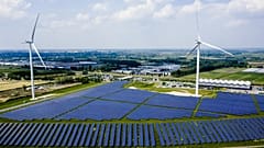 This aerial view shows the Avri solar park along the highway 'A15' in Geldermalsen. With 34,000 solar panels, the park is the largest in Gelderland, Netherlands. 