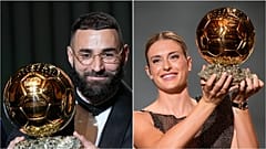 Real Madrid's Karim Benzema and Barcelona's Alexia Putellas: 2022 Ballon d'Or trophy winners.