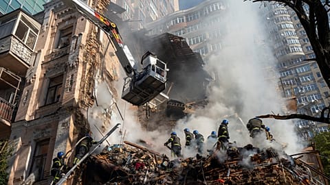 Firefighters looking for survivors in Kyiv after a kamikaze air drone strike.