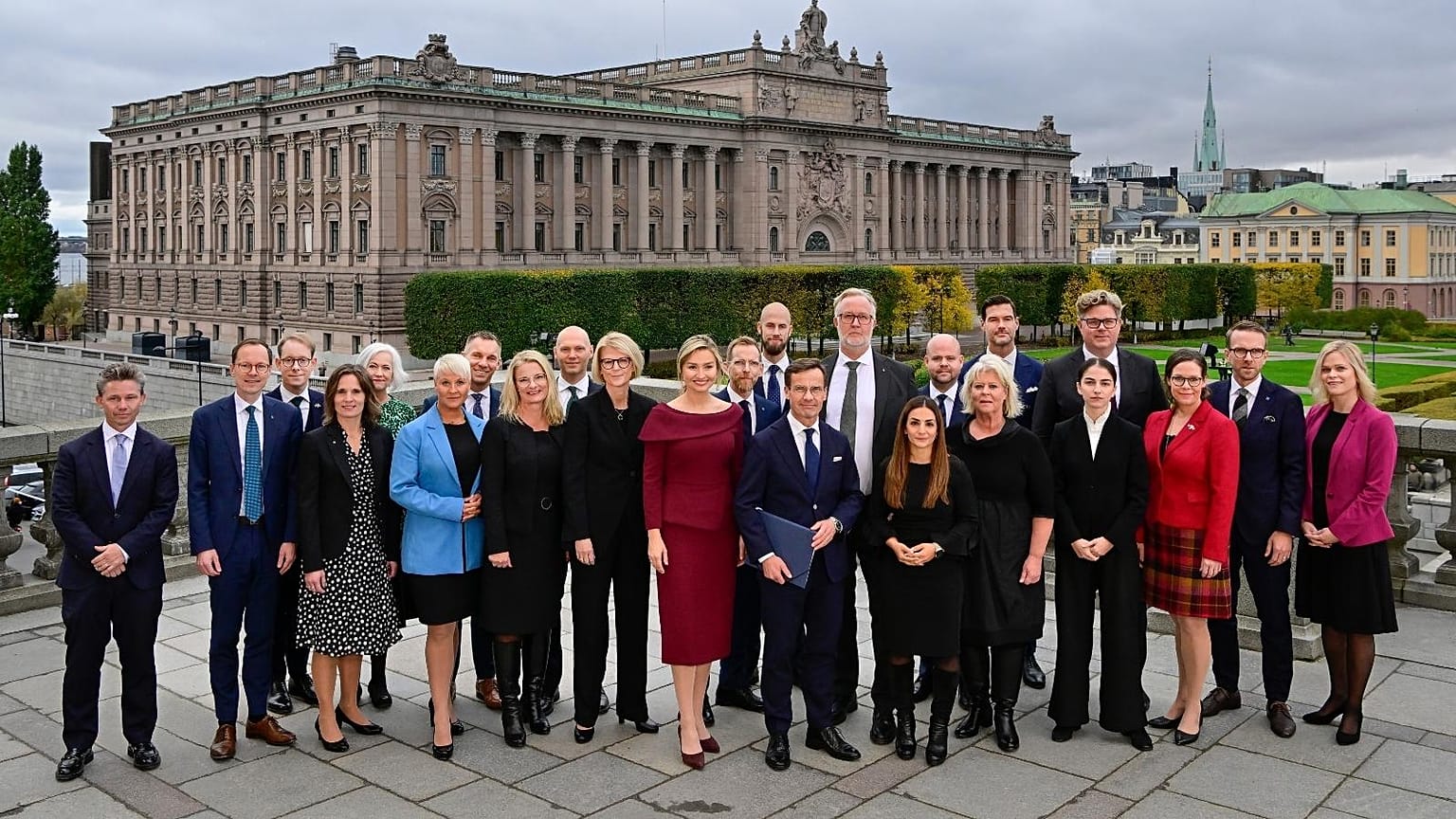 Family picture of the new Swedish government on Lejonbacken's terrace at Stockholm Palace, Sweden, Tuesday, Oct. 18, 2022,