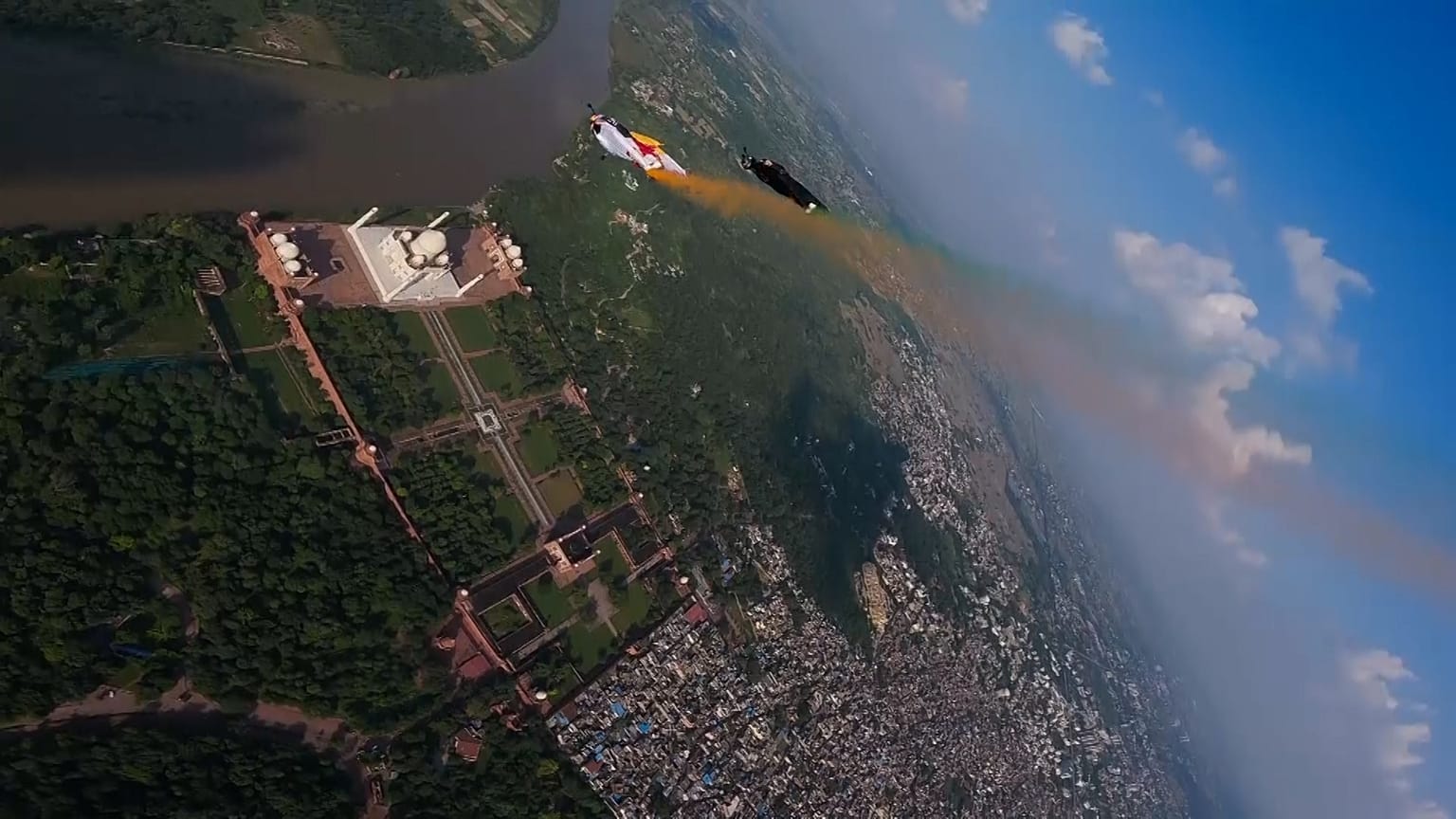 Wingsuit legend Frederic Fugen with Vincent Cotte and Aurelien Chatard fly over the Taj Mahal, India
