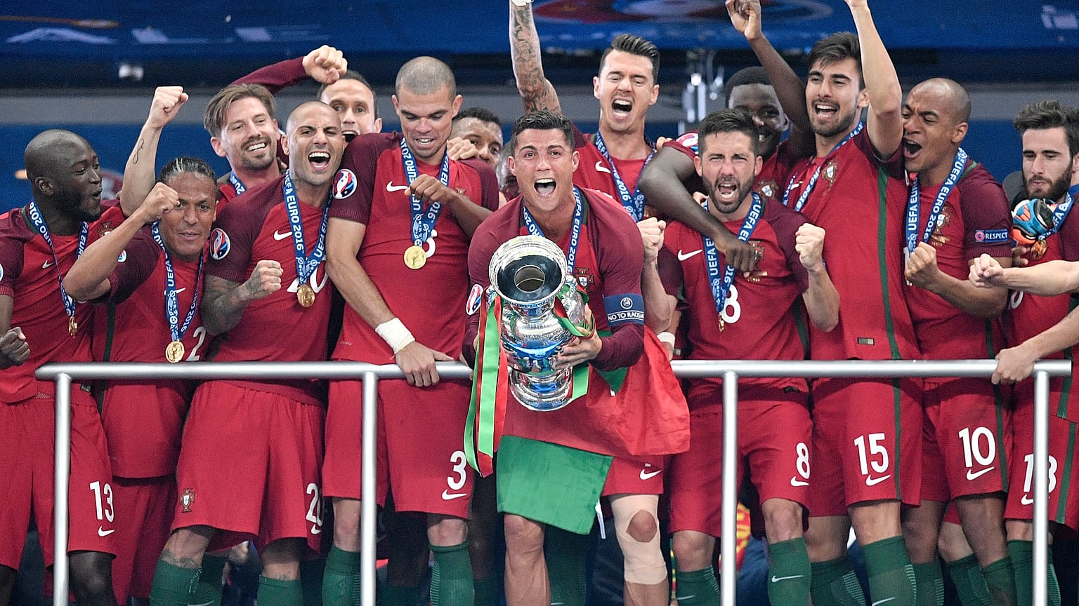Cristiano Ronaldo lifts the Euro 2016 trophy for Portugal