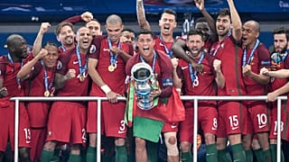 Cristiano Ronaldo lifts the Euro 2016 trophy for Portugal