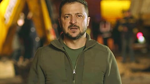 Ukrainian President Volodymyr Zelenskyy speaks in Kyiv, Ukraine