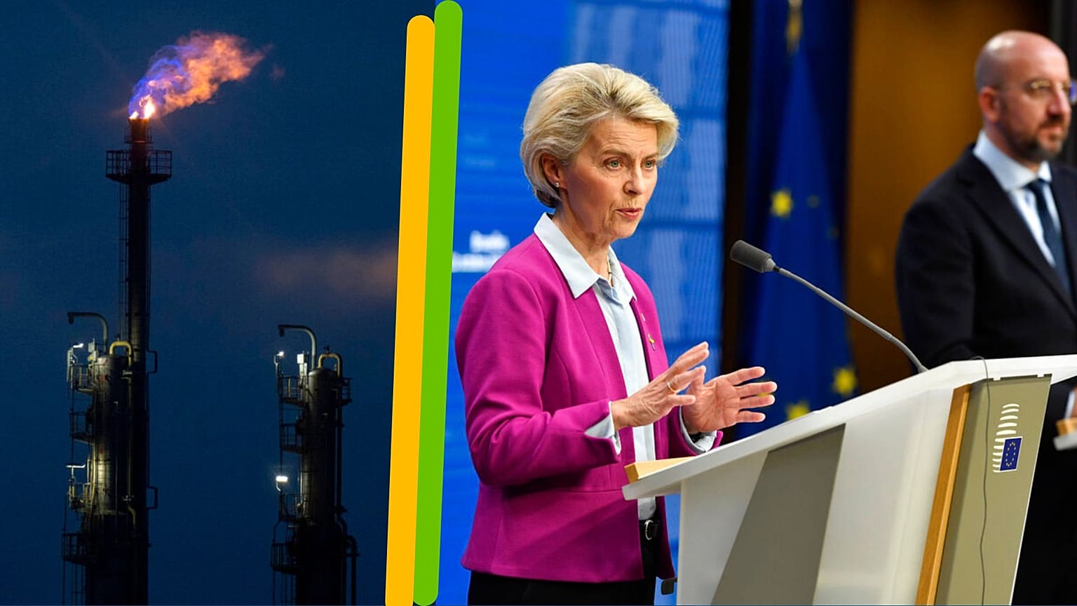 A g. : usine pétrochimique à Ludwigshafen, (Allemagne), le 27/09/2022 - A dr. : Ursula von der Leyen et Charles Michel à Bruxelles, le 21/10/2022