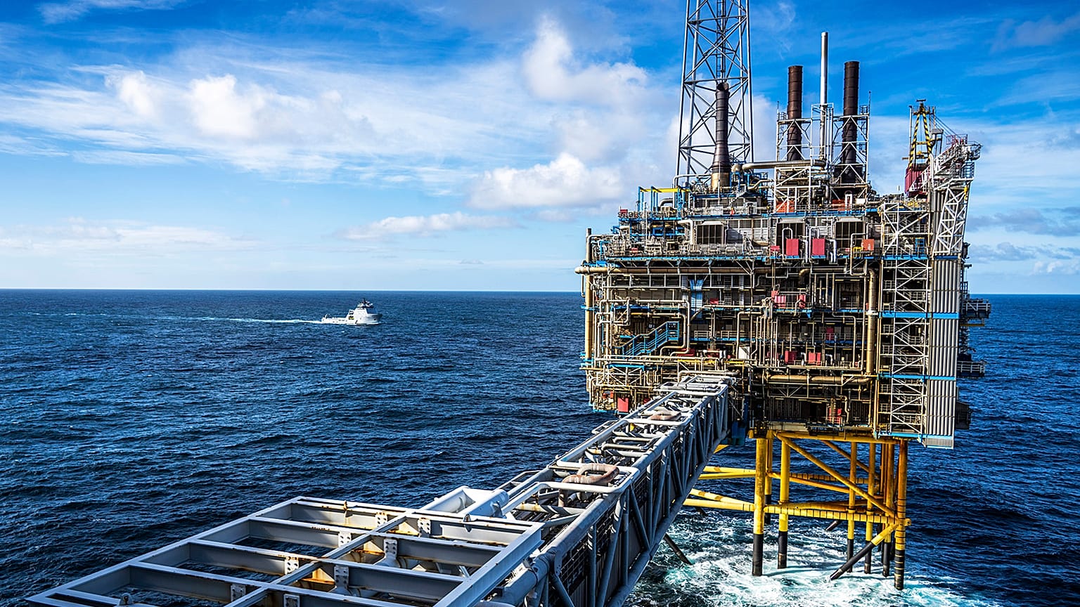 The Sleipner A gas platform, Norway, Oct. 1, 2022 as a Coast Guard ship patrols around the platform. 