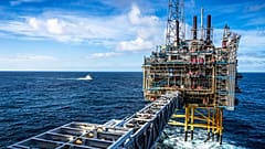 The Sleipner A gas platform, Norway, Oct. 1, 2022 as a Coast Guard ship patrols around the platform. 