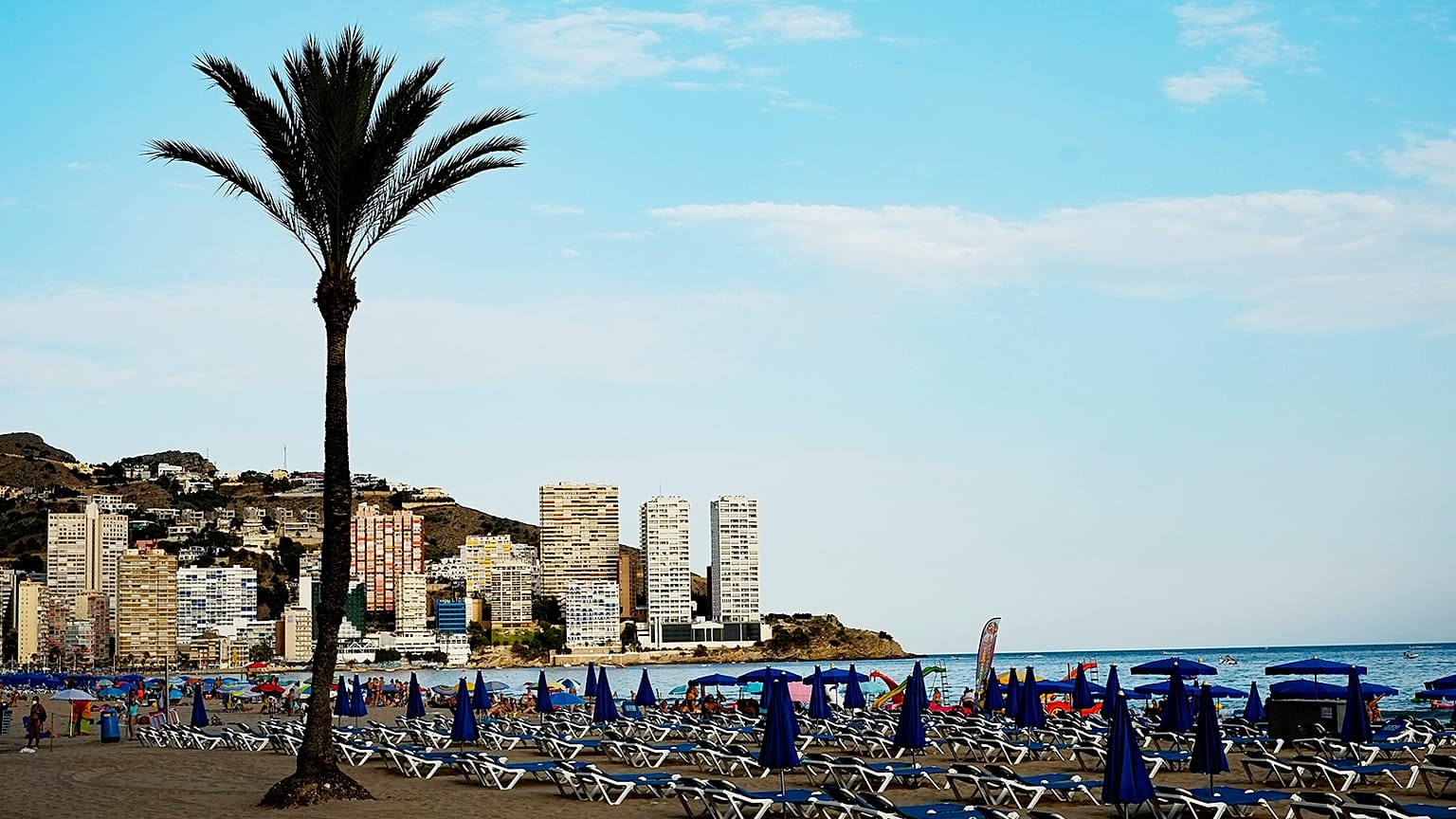 A view of sunbeds lined up on the beach, in Benidorm, July 2020