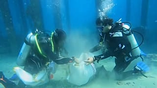 الغطاسون أثناء تنظيف مياه البحر الأحمر