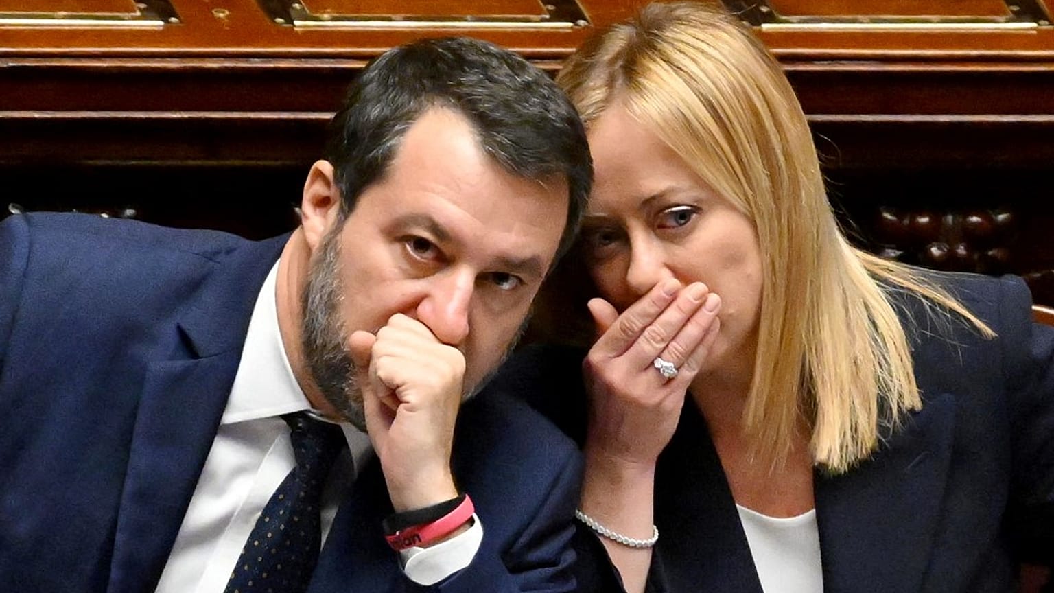 Italy’s new Prime Minister Giorgia Meloni talks with Deputy Prime Minister in Rome on October 25, 2022.  