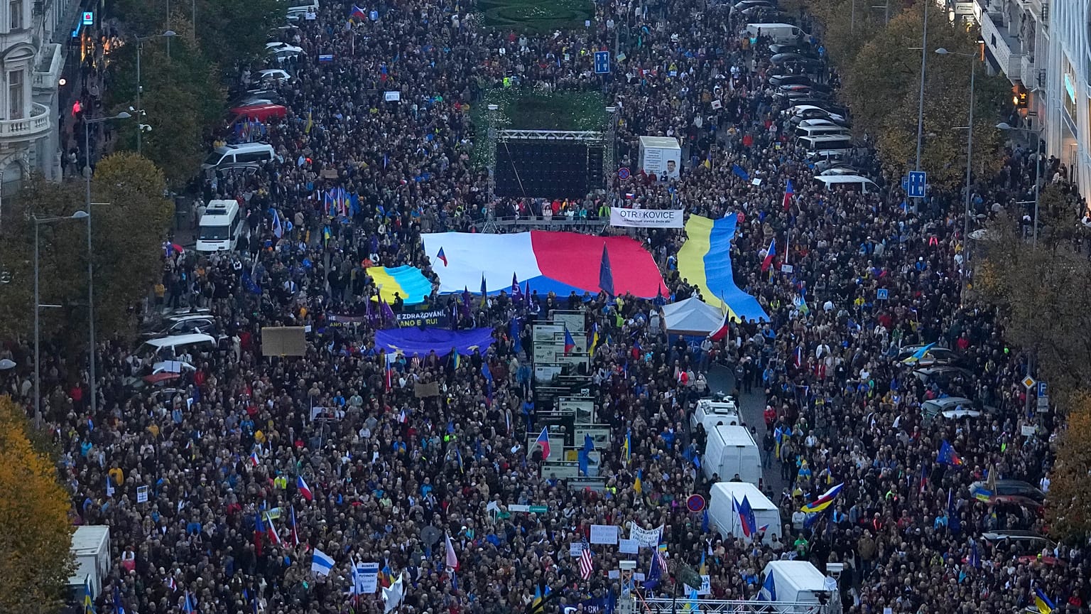 Tens of thousands of people gathers for an anti-war protest in Prague, Czech Republic, Sunday, Oct. 30, 2022. 