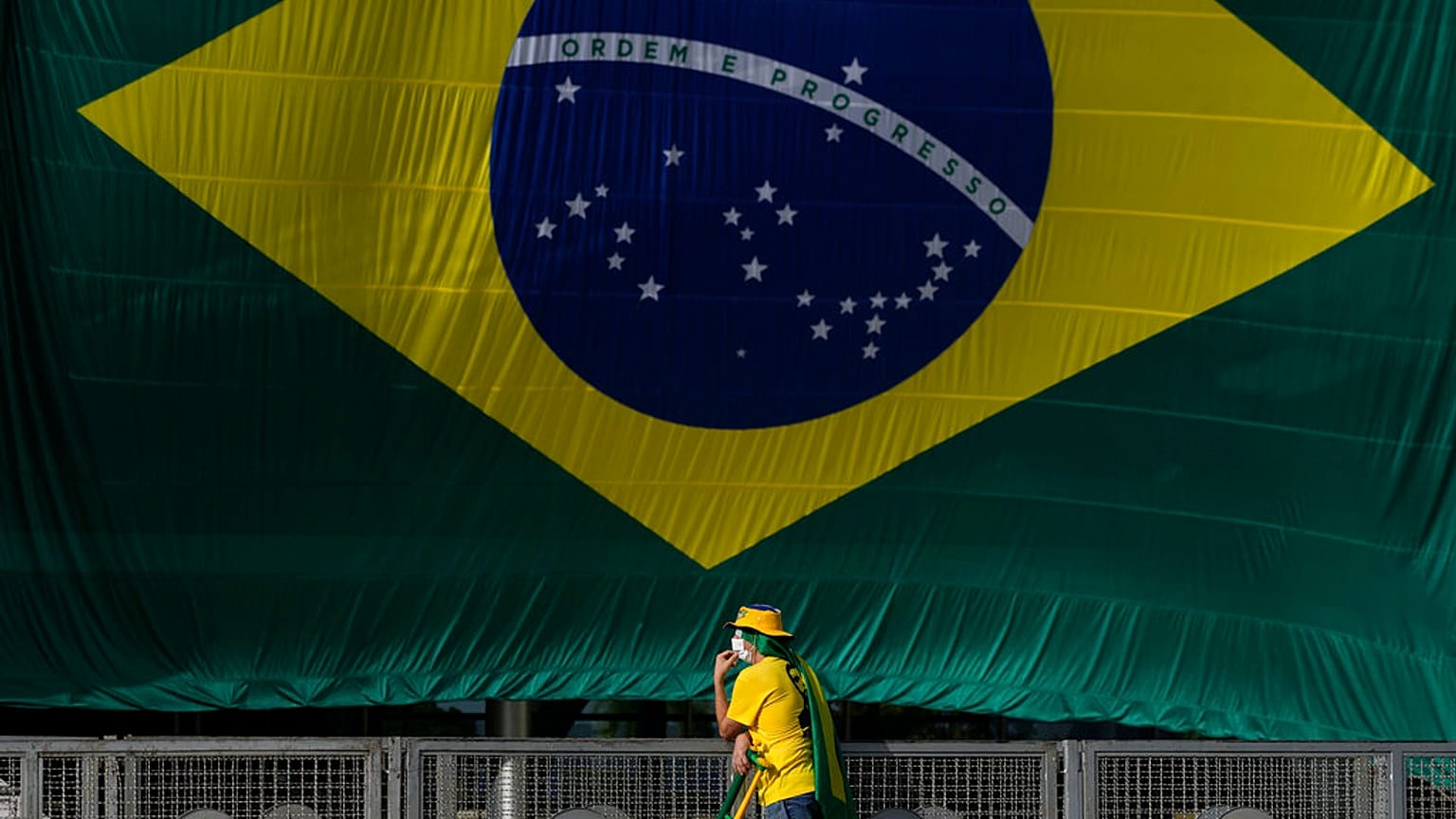 a Brazilian flag installed on the ramp of the Planalto Palace in Brasilia, Brazil, Monday, Oct. 31, 2022.