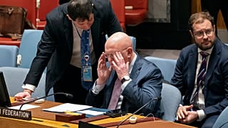 Russian Ambassador to the United Nations Vasily Nebenzya adjusts his glasses during a session at United Nations HQ, 31 October 2022