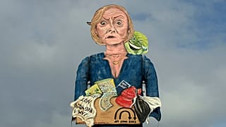 The Edenbridge Bonfire Society's 2022 'Celebrity Guy', former British prime minister Liz Truss, is pictured during the unveiling in Edenbridge on 2 October 2022