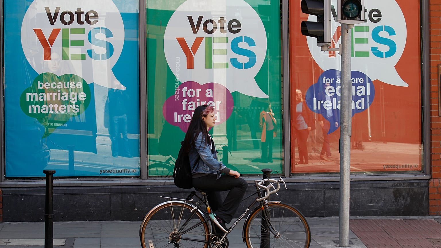 YES posters cover a shop's windows in Dublin, Ireland, May 21, 2015, before a referendum that resulted in the legalisation of same-sex marriage. 
