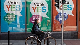 YES posters cover a shop's windows in Dublin, Ireland, May 21, 2015, before a referendum that resulted in the legalisation of same-sex marriage.