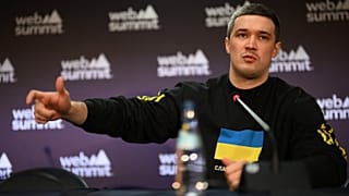 Ukraine's vice prime minister Feodorov addresses a press conference at Web Summit in Lisbon.