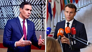 Spanish Prime Minister Pedro Sanchez (left); French President Emmanuel Macron (right).