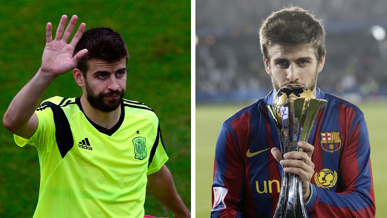 Piqué pela Espanha no Mundial de 2014 e a celebrar o Mundial de Clubes pelo Barça em 2009