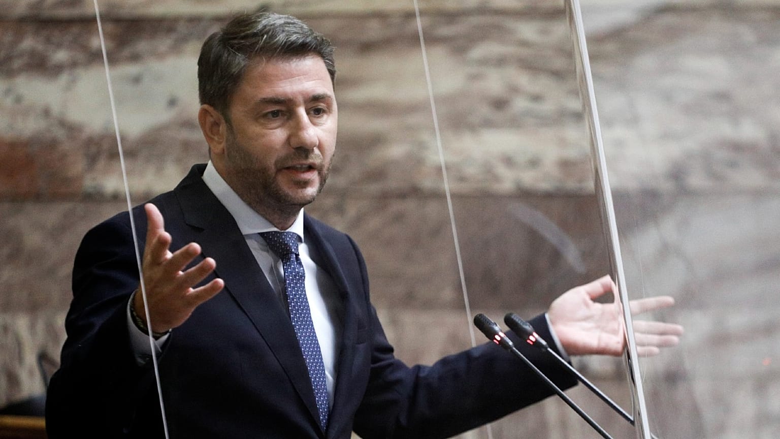 Nikos Androulakis, head of the opposition socialist PASOK party and and MEP, speaks during his party's meeting at the parliament in Athens, Greece, on Aug. 25, 2022.
