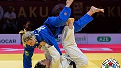 Momento da final entre Telma Monteiro e Christa Deguchi no Grand Slam de Baku, no Azerbaijão.