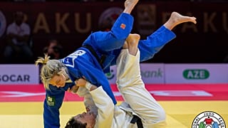 Momento da final entre Telma Monteiro e Christa Deguchi no Grand Slam de Baku, no Azerbaijão.