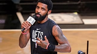 Brooklyn Nets guard Kyrie Irving speaks before an NBA game in New York