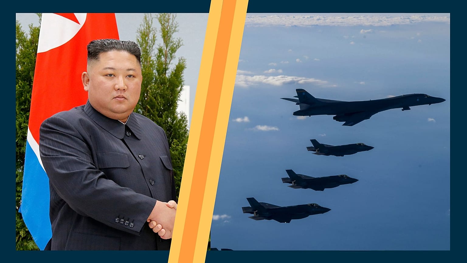 à gauche, le dirigeant nord-coréen Kim Jing-Un. À droite, un bombardier B-1B de l'armée américaine